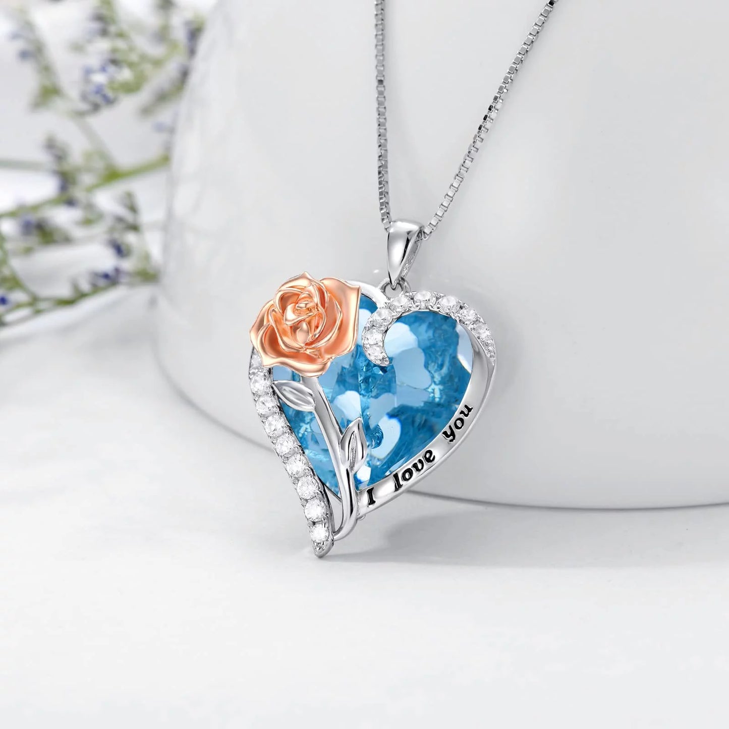 Valentine'S Day Gifts for Her Sterling Silver Rose Flower Pendant Necklaces with Heart Crystal March Birthstone Pendant Jewelry for Women Wife Sister Birthday Anniversary,Created Aquamarine