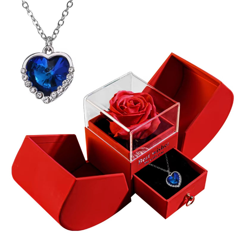 Gift for Women Eternal Rose Gift Box /W Heart Shiny Diamond Necklace Pendant Jewelry Box Set for Wedding Birthday Gift