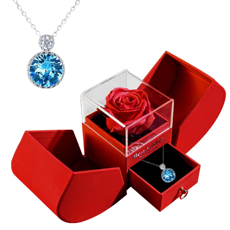 Gift for Women Eternal Rose Gift Box /W Heart Shiny Diamond Necklace Pendant Jewelry Box Set for Wedding Birthday Gift