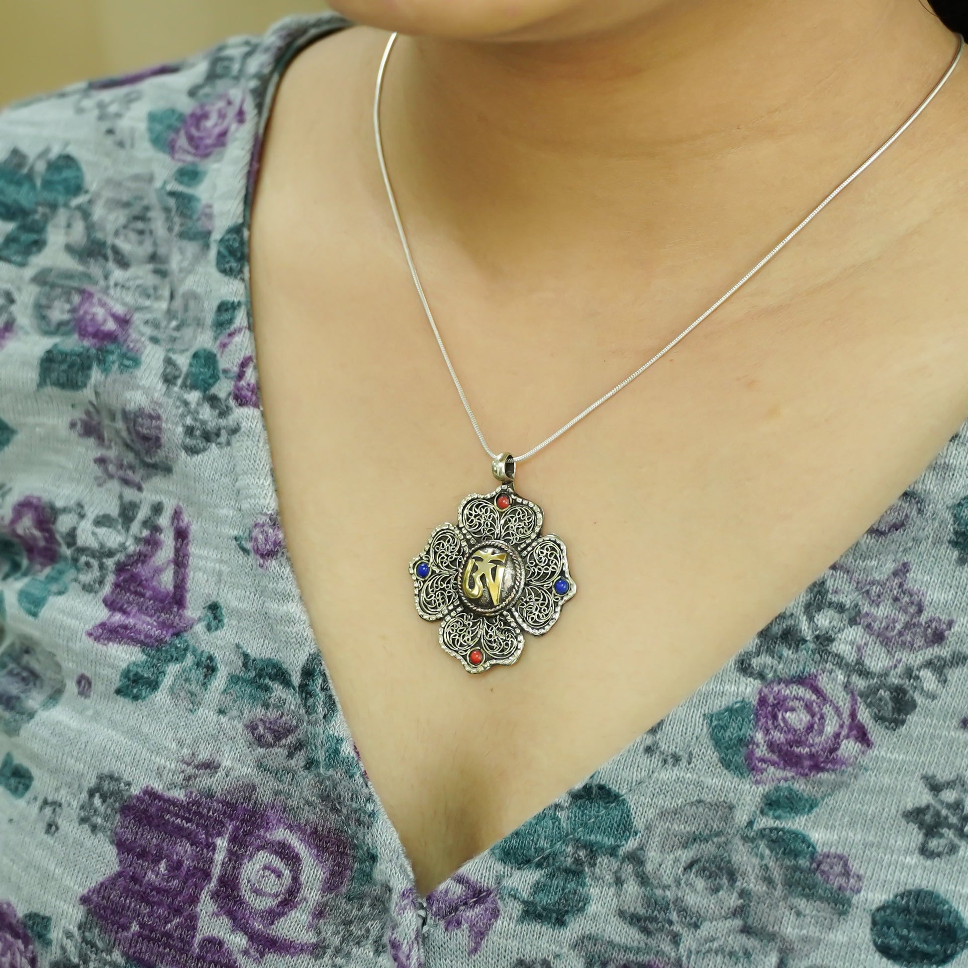 Boho Pendant with Coral, and Lapis Lazuli, Handmade Tibetan Jewelry