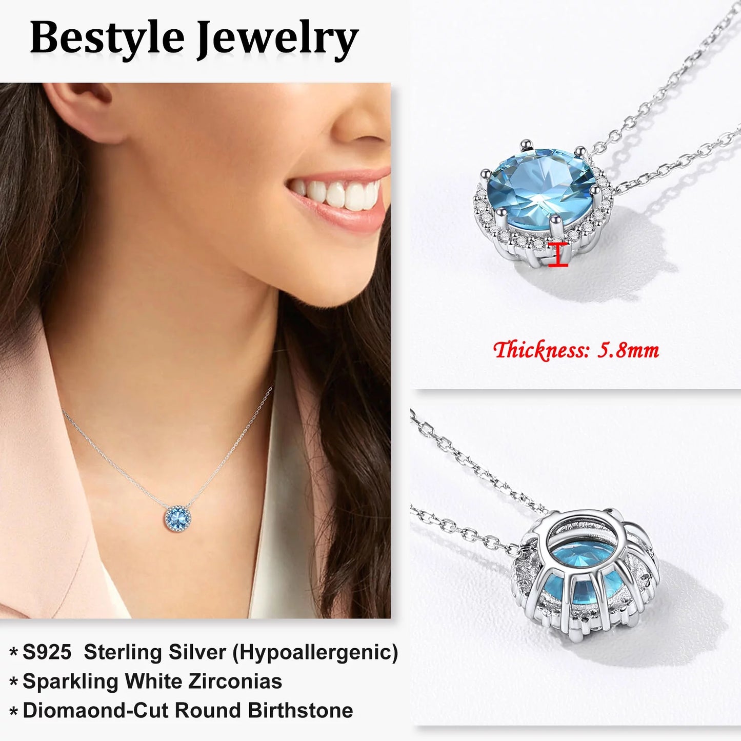 925 Sterling Silver Love round Cut Diamond Necklaces, Cubic Zirconia Choker Blue Sapphire Birthstone Pendant for Women