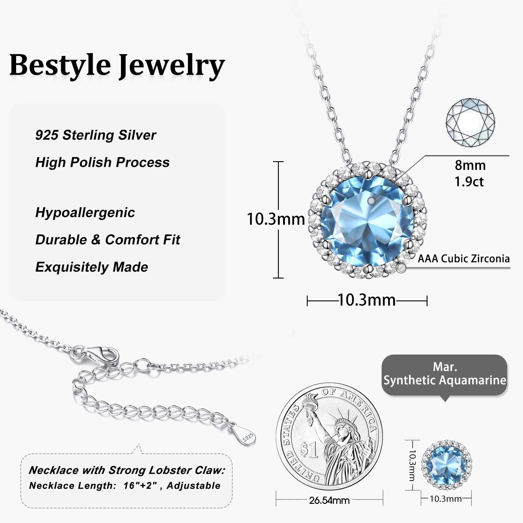 925 Sterling Silver Love round Cut Diamond Necklaces, Cubic Zirconia Choker Blue Sapphire Birthstone Pendant for Women